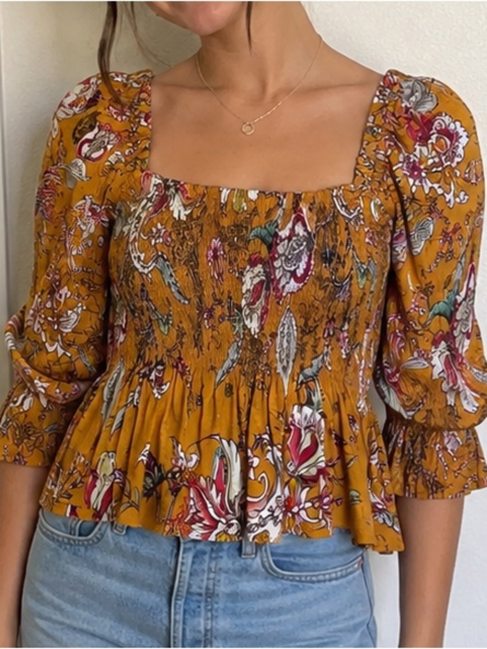 Anthropologie Conditions Apply Smocked Sweetheart Blouse mustard yellow floral S